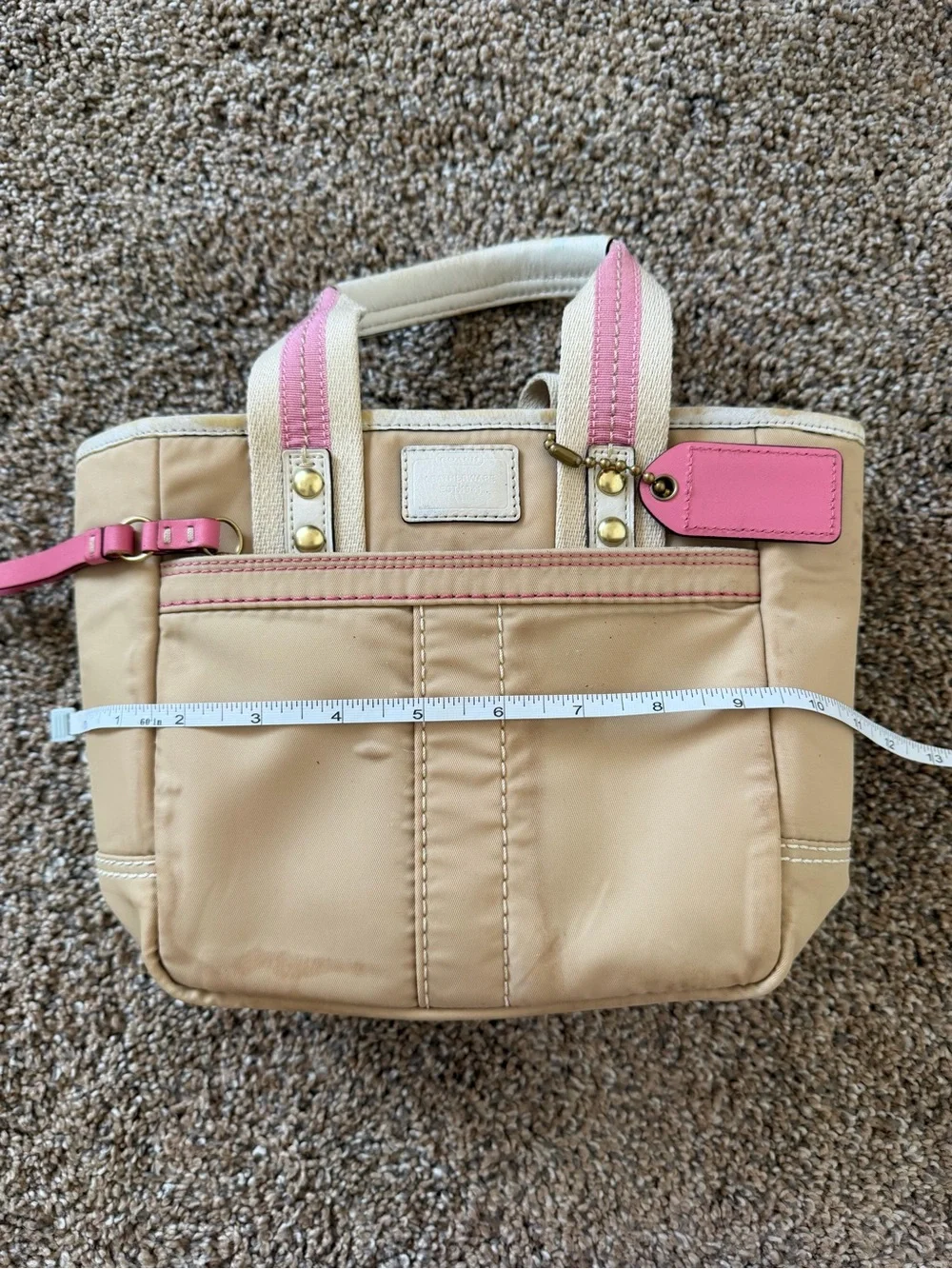 COACH MINI TOTE Brown Leather Accents - Tan & Bright Pink F10694